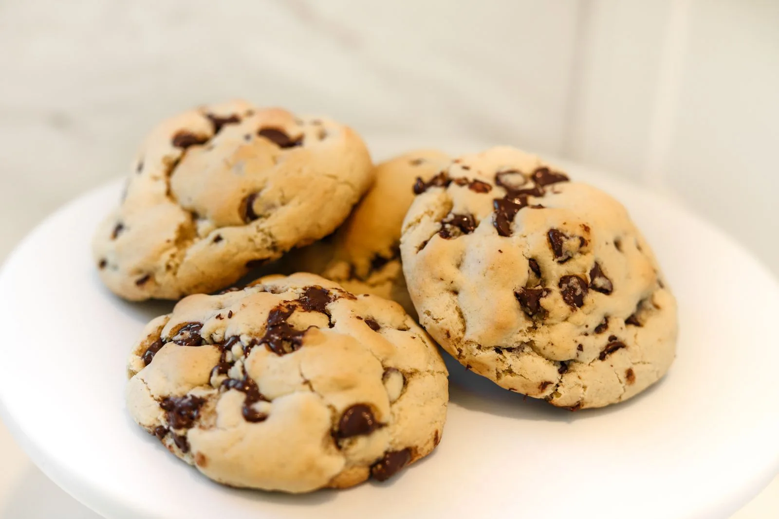 Chocolate chip cookies with melted chocolate on a white plate